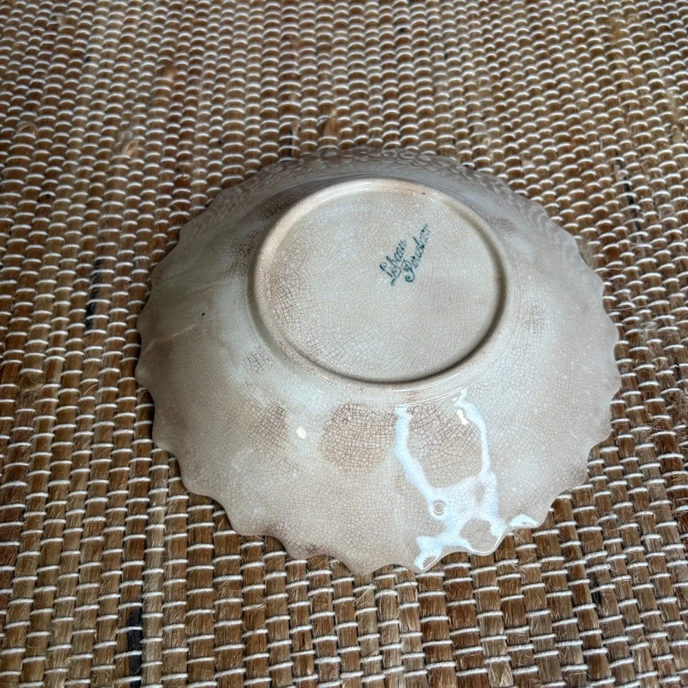 Antique Lebeau Porcelaine Green & Ecru Art Deco Fan Shell Bowl